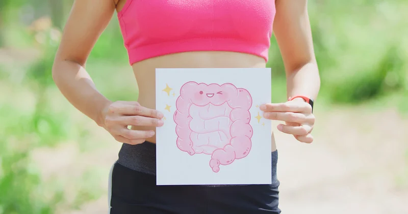 mujer sosteniendo un dibujo de intestino